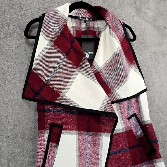 Yacun Vest Lapel Open Front Buffalo Plaid Sleeveless Cardigan Jacket Women Small - Picture 3 of 10